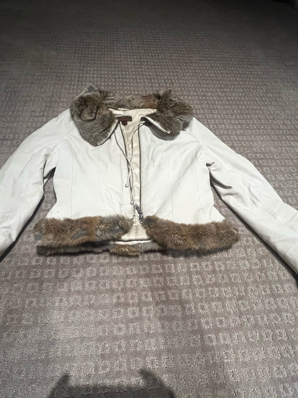 Cream / tan leather Danier jacket with rabbit fur trim